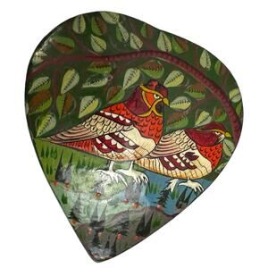 Vintage India paper Mâché trinket heart shape box Bird Tree hand painted signed